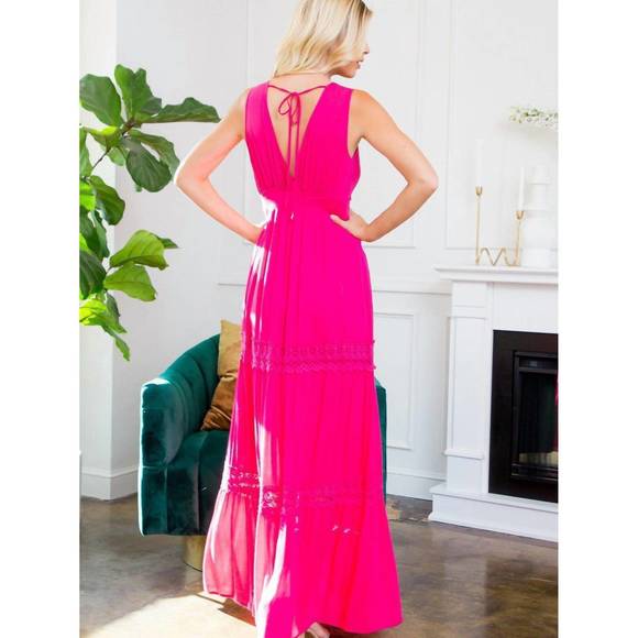 NEW SWEET LOVELY BY JEN crochet lace woven maxi dress in fuschia - Picture 3 of 3